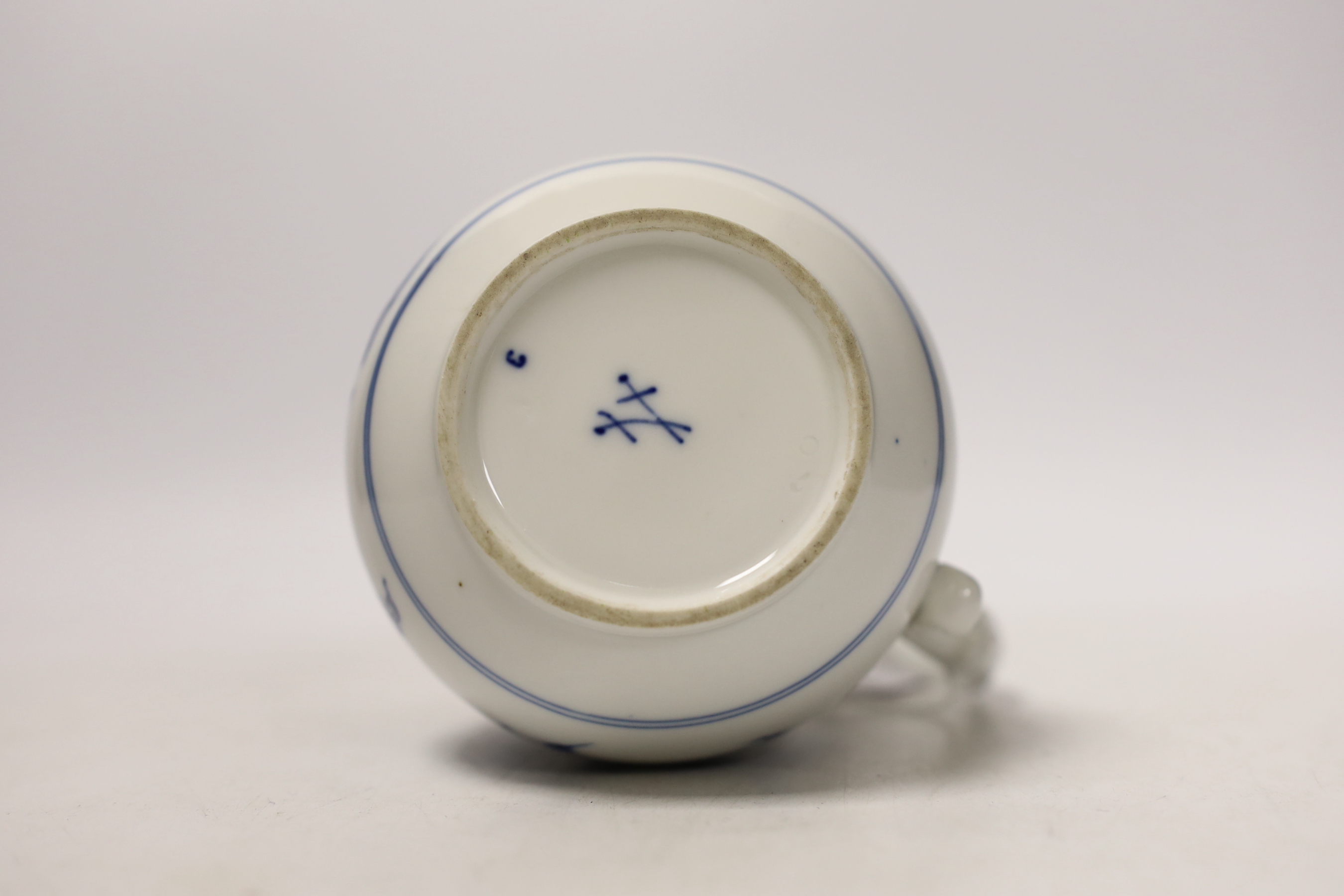 Fourteen Meissen items including a coffee pot, five cups and saucers, a square dish and oval dish, and a posy vase, coffee pot 16cm
